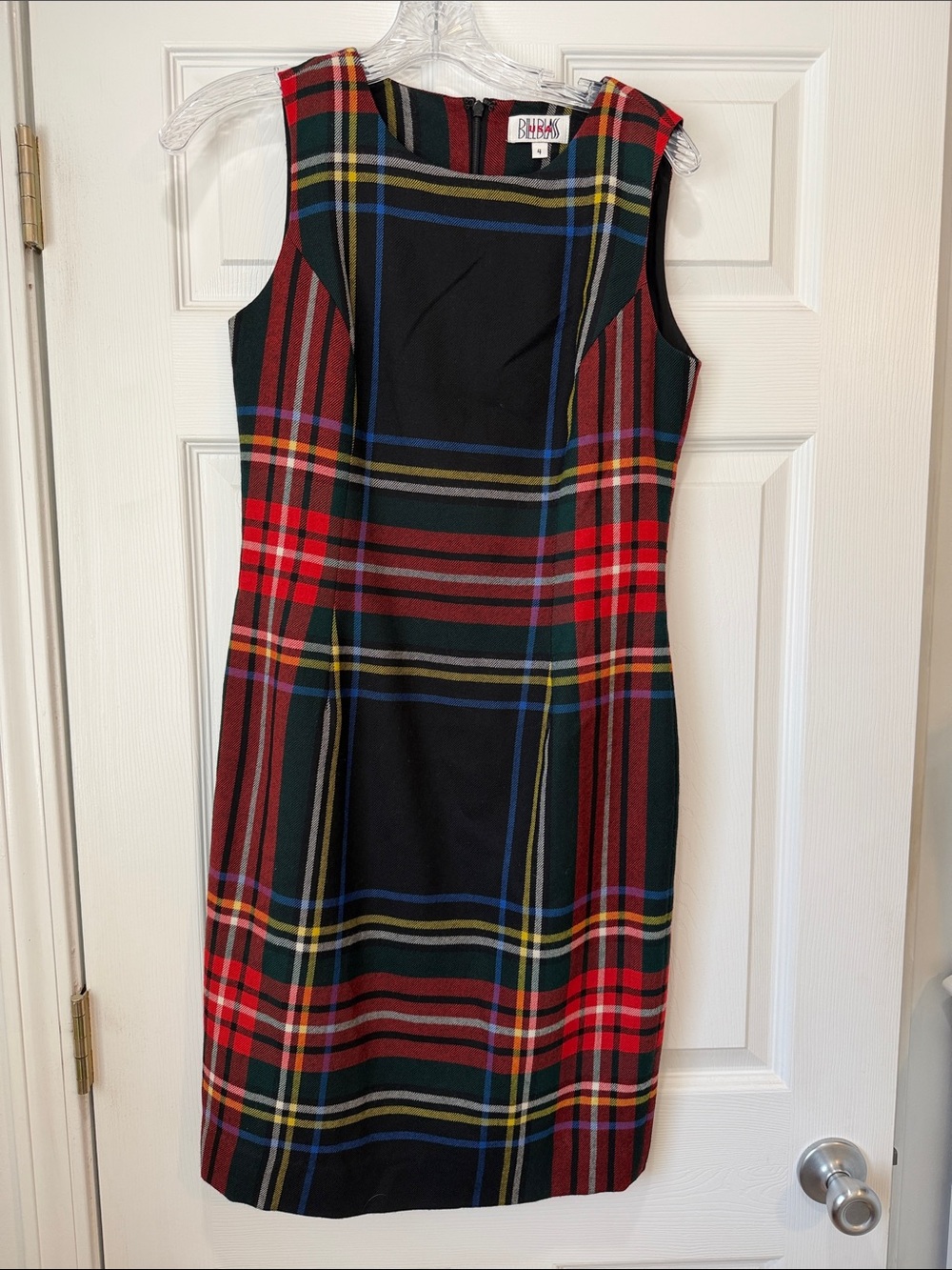 bill blass Black Dress with Red, Green & Blue Tartan Plaid